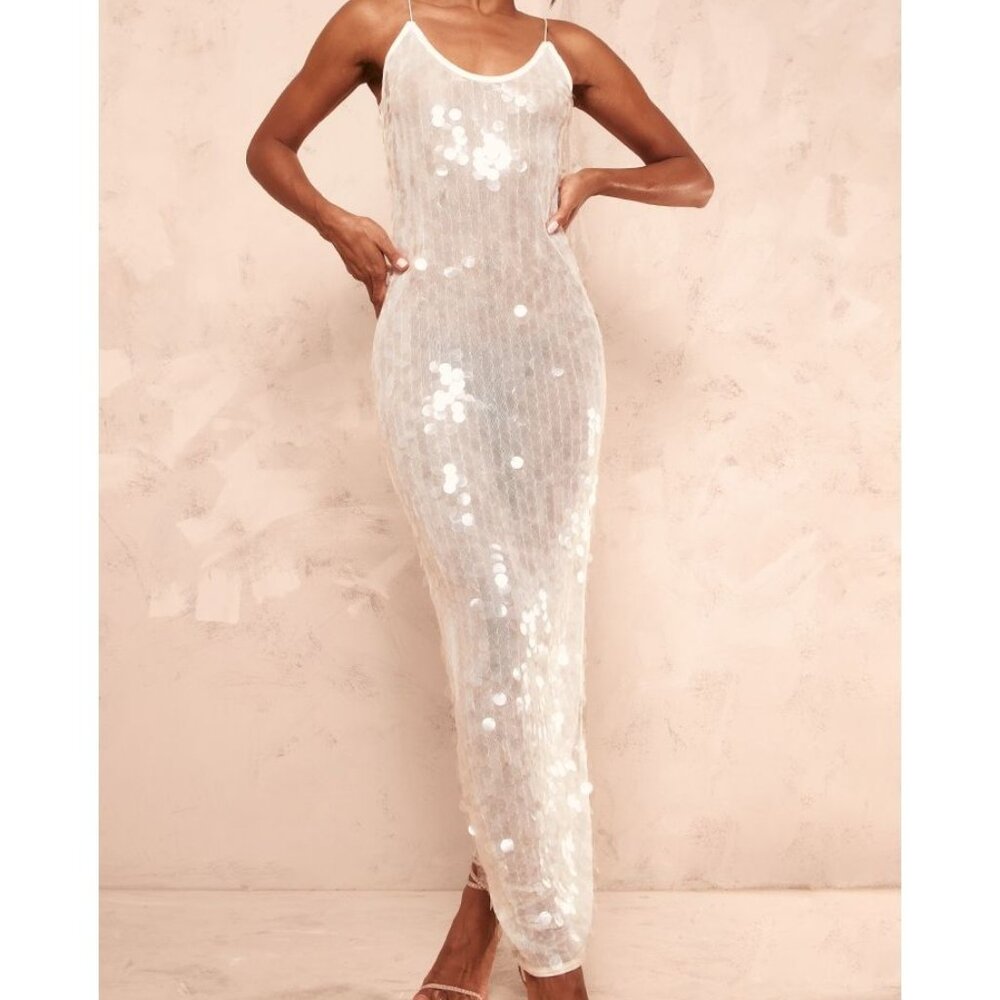 Pretty Little Thing cream sheer sequin maxi dress
